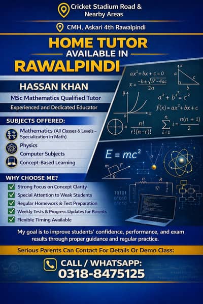 MSc Mathematics Home Tutor available in Rawalpindi  |Math&Physics|