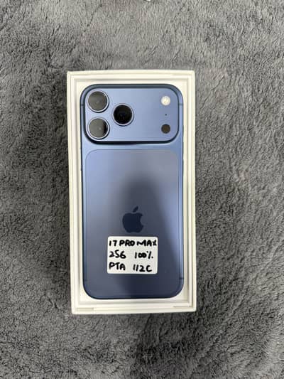 IPHONE 17 PRO MAX 256 GB PTA BLUE 100% HEALTH 112 CYCELS WITH FULL BOX