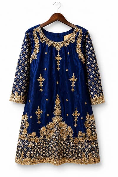 Luxury Blue Formal Dress with Heavy Golden Embroidery