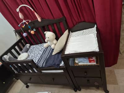 Wooden Baby Cot with Side Table & Drawer Space
