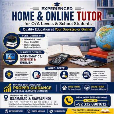Experienced Home & Online Tutor for O/A Levels & School Students | M