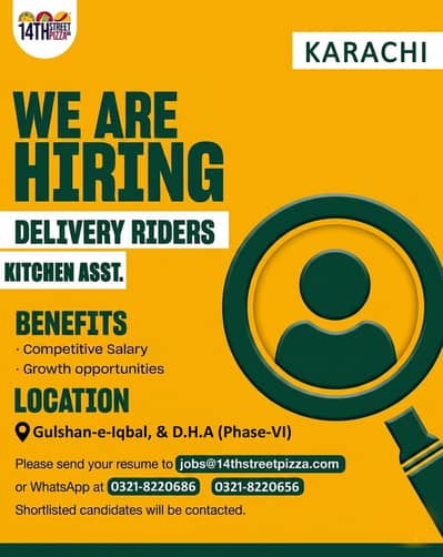 Hiring Kitchen asst and delivery rider