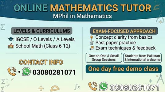 Online Mathematics Tutor| O Levels| A Levels| Class 6 - 12| IGCSE