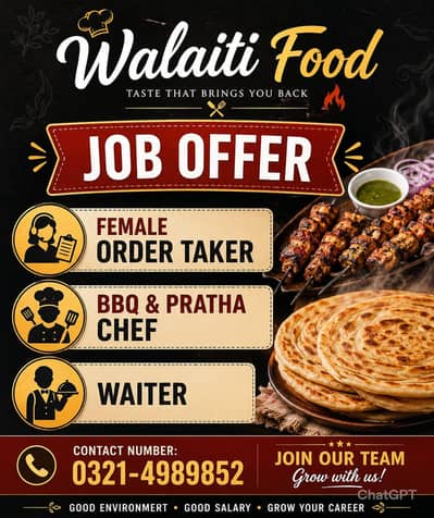 Female Order Taker, BBQ & Pratha & Waiter Required