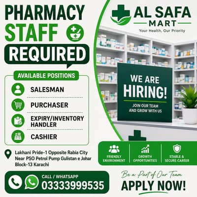 Pharmacy Staff Required, Salesman, Purchaser, Inventory Handler, Cahie