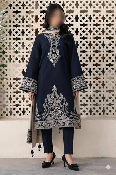 Eid 3-Piece Lawn Suit Silver Embroidery Trousers Dupatta