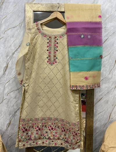 3 Pcs Embroidered Ready-to-Wear Suit – Beige (Cotton Net)
