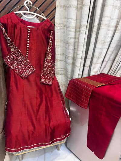 3 Piece Deep Red Raw Silk Frock Suit