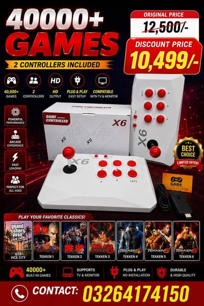 X6 GAME STICK WITH 2 CONTROLLERS 40000+ GAMES 64GB CARD