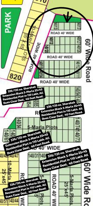 140/135 no. Shershah Block 5-Marla (25 by 45) Residential Plot in 110 Lakh. All Dues Clear Deal, 40 Feet Road. Best Location For Constructing Your Dream House In Bahria Town Lahore