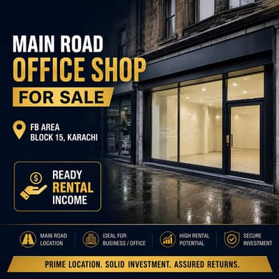 Main Road Office Shop for Sale in FB Area Block 15 Karachi | Ready Rental Income