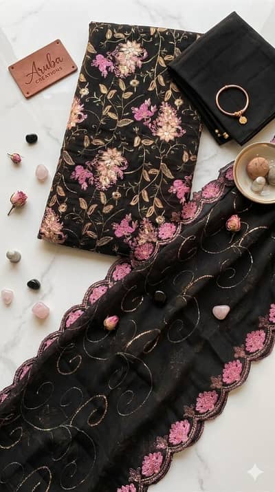 Designer Jet Black Embroidered Suit with Premium Rashmi Dupatta