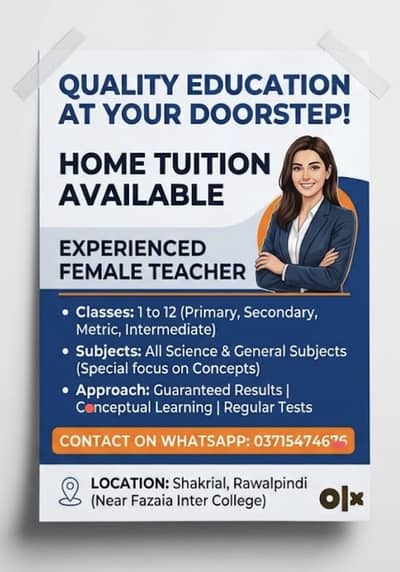 Experienced Female Teacher Availible for Home tuition