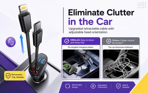 120W 4 In 1 Retractable Car Charger Fast Charging USB Type C