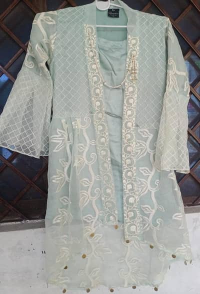 Mint Green Embroidered Net Gown with Silk Gharara (3-Piece Formal)