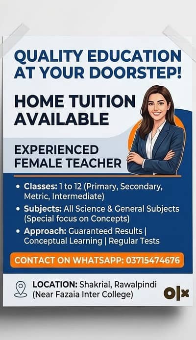 Experienced Female Teacher Availible for Home tuition