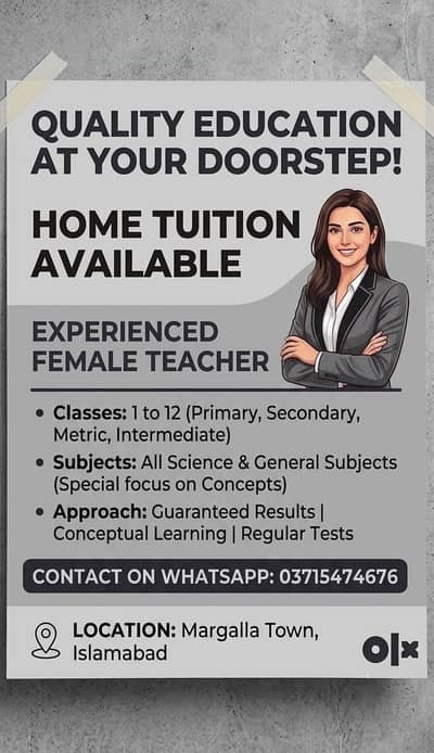 Professional Female Teacher Available for Home Tuition (Class 1 to 12)