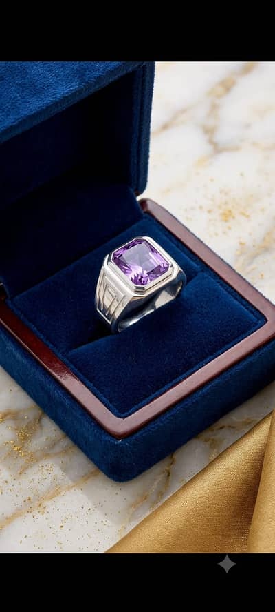 Natural Amethyst Silver Ring – Pure 925 Chandi (Emerald Cut)