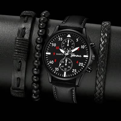 Men cross-brand leather watch with 3 bracelet set