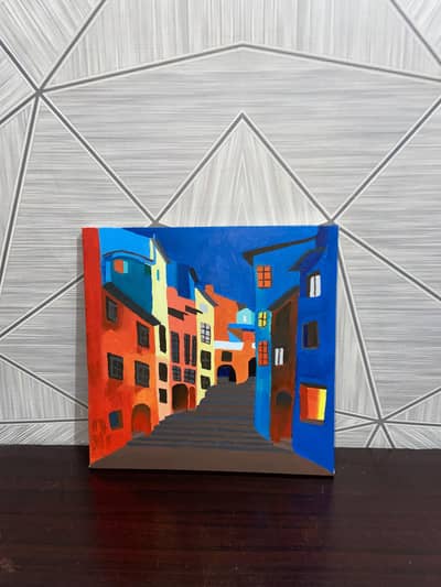 original oil painting 12×12". colorful European street canvas art.