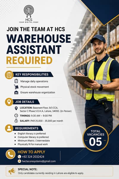 Warehouse Assistant Required | Male Staff Hiring | Male Jobs | Jobs