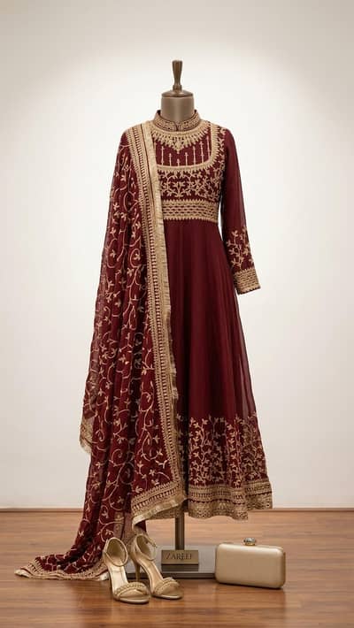 Maroon Embroidered Maxi Dress with a Dupatta – Premium Party Wear