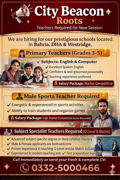 Teachers Required for Highly Paid Jobs in CITY BEACON CITY  Bahria DHA
