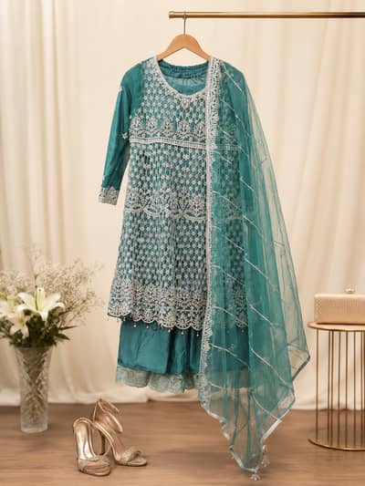 Sea Green Party Wear Frock with Heavy Silver Embroidery – Small Size