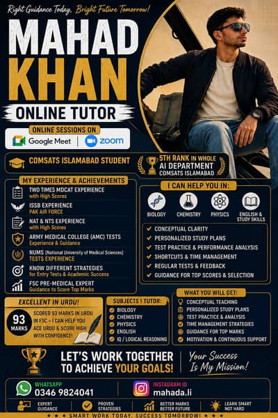 I am Mahad Khan your online tutor. . we will study with fun and ease. . .