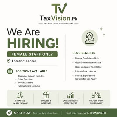 Female Office Staff Required in Lahore Dha Phase 1 | TaxVision. Pk