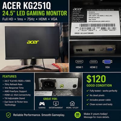 Acer KG251Q 24.5” Gaming Monitor – Excellent Condition