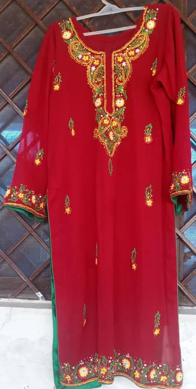 Beautiful Red Embroidered 3-Piece Suit with Pearl Trouser