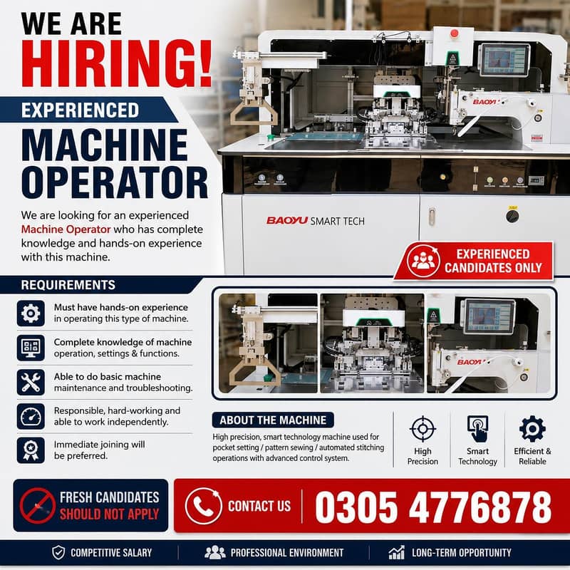 Experienced BAOYU Machine Operator Required | Factory Jobs Lahore 0