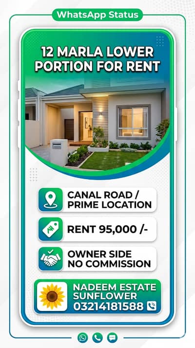 12 Marla lower portion near ALFATHA MALL canall road available