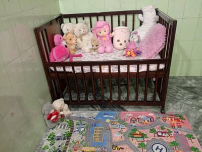 Solid wooden baby cot 100% Shesham wood with mattress and 3 bedsheets