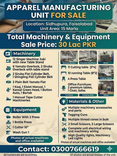 Apparel Manufacturing unit for Sale