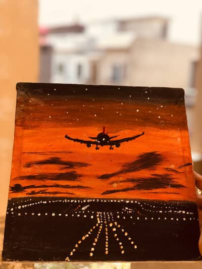 `Handmade Canvas Painting - Airplane Sunset Night View | Pickup Only
