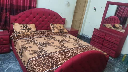 Red Velvet Bed Set king size bed two side table dressing and wardrobe