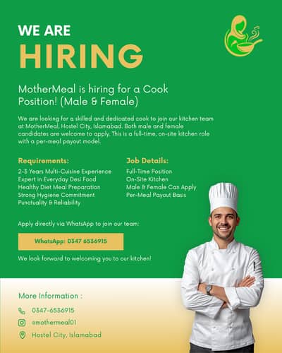 Cook / Chef Required for New Kitchen in Hostel City (Male/Female)