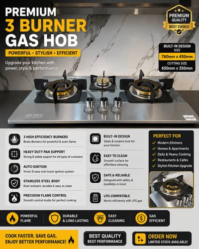3 Burner Kitchen Hob | Stainless Steel Gas Hob | Brass Burners