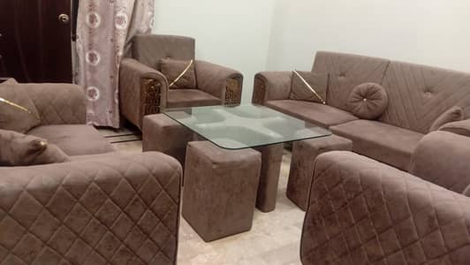 7-Seater Sofa Set with 4 Stools & Center Table – Like New Condition