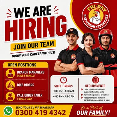 Branch Manager || Bike Rider || Female Order Taker (Restaurant Job)