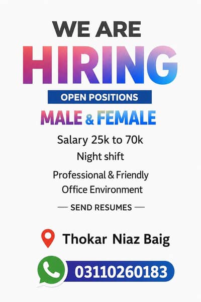 We are hiring (male and female staff) on Thokar niaz baig