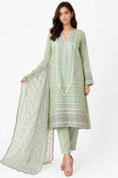 3Pc  Shaposh embroidered dress paired with silk trouser &chifon dupata