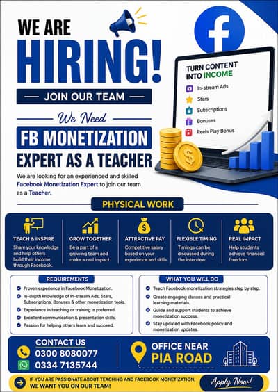 We Are Hiring Facebook Monetization Trainers
