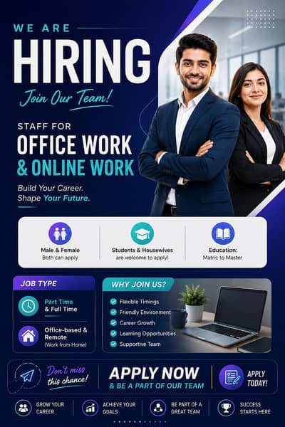 Office & Online Work Jobs Available Male/Female (Lahore)