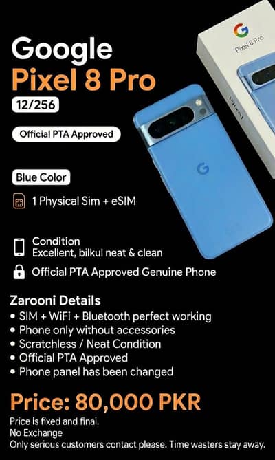 Google Pixel 8 Pro 12/256 Official PTA Approved Blue 10/10