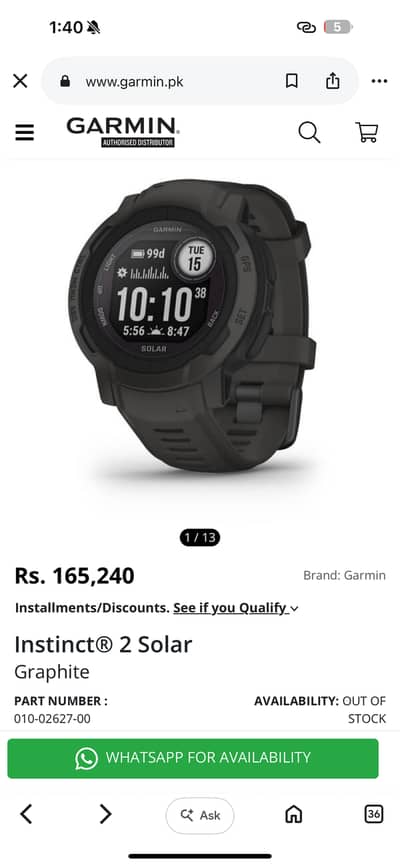 Garmin Instinct 2 Solar GPS Watch - Graphite