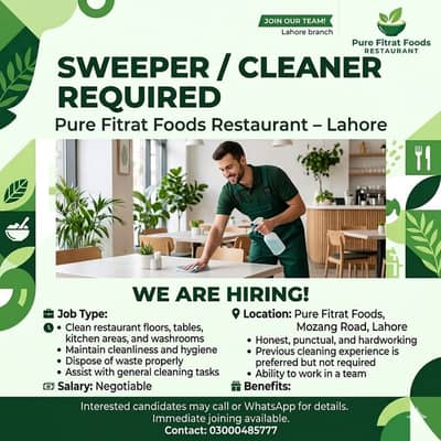 Sweeper / Cleaner Required Jobs in Lahore.