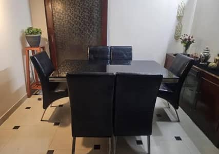 6-Seater Glass Top Dining Table with Chairs – Modern Design